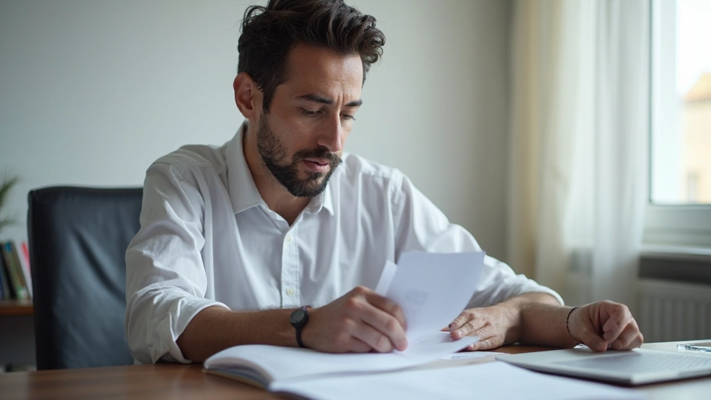 Homem imigrante lendo documentos em escritório português