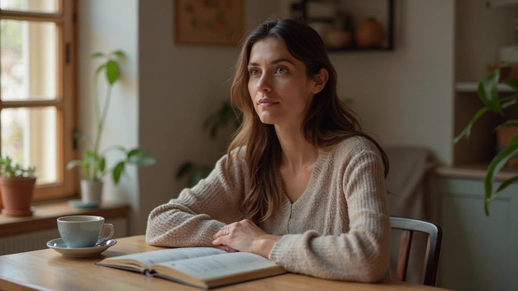 Pessoa aprendendo português com livro e café na mesa