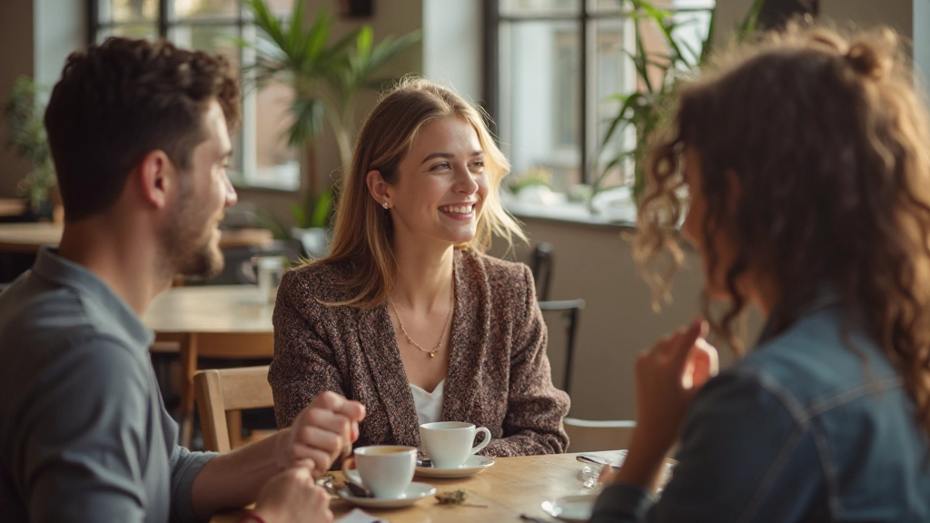 Mulher imigrante falando com vizinhos portugueses num café