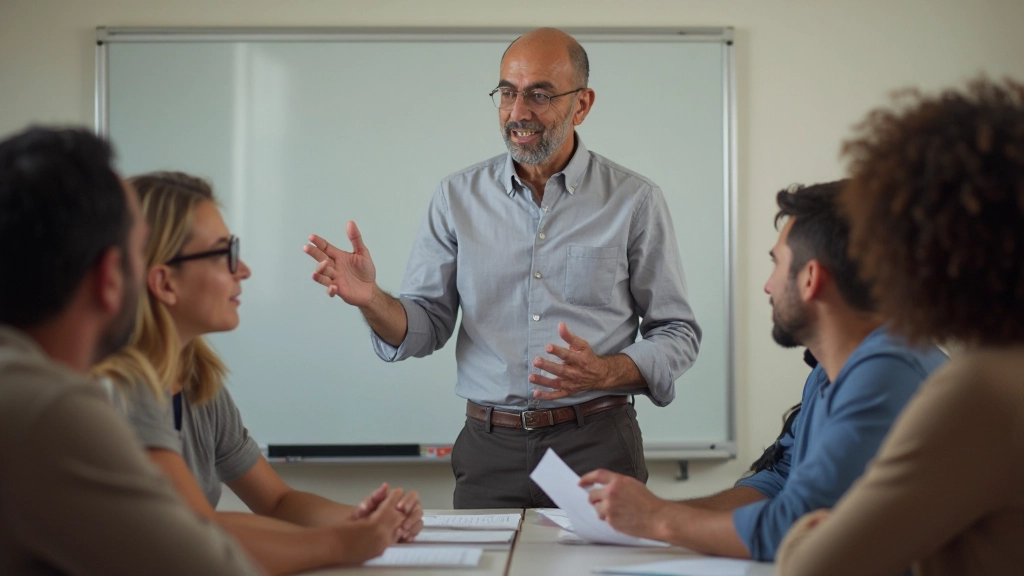 Instructor português ensinando alunos imigrantes em sala de aula aconchegante